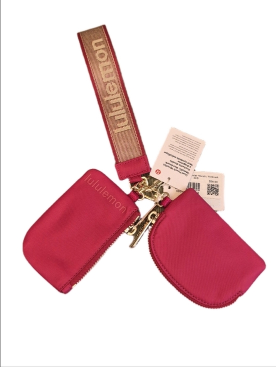 Lululemon Berry Rumble Metallic Gold Wordmark Dual Wristlet Wallet Keychain Set - Picture 3 of 6